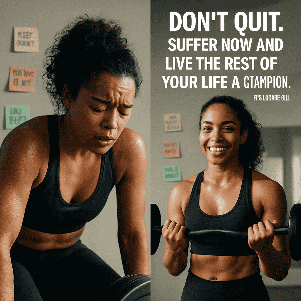 "Woman struggling and succeeding during a workout with motivational quote in background.