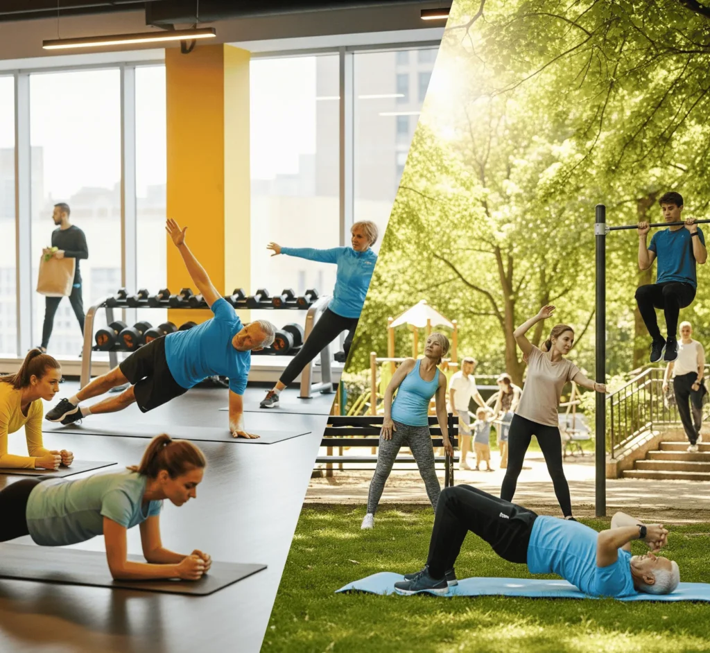 "Core exercise training for all ages, showing planks, bridges, and bird dogs in a motivating fitness environment."